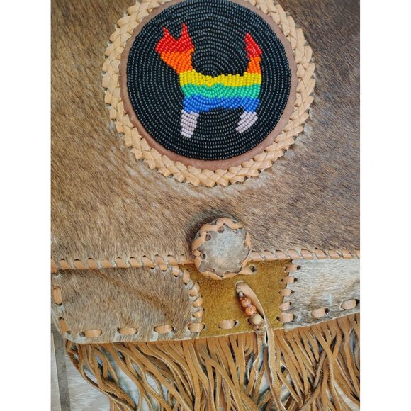 Handmade Leather Cowhide Beaded Crossbody Purse, Rainbow Cat, Pride Fringe Boho - Picture 3 of 7